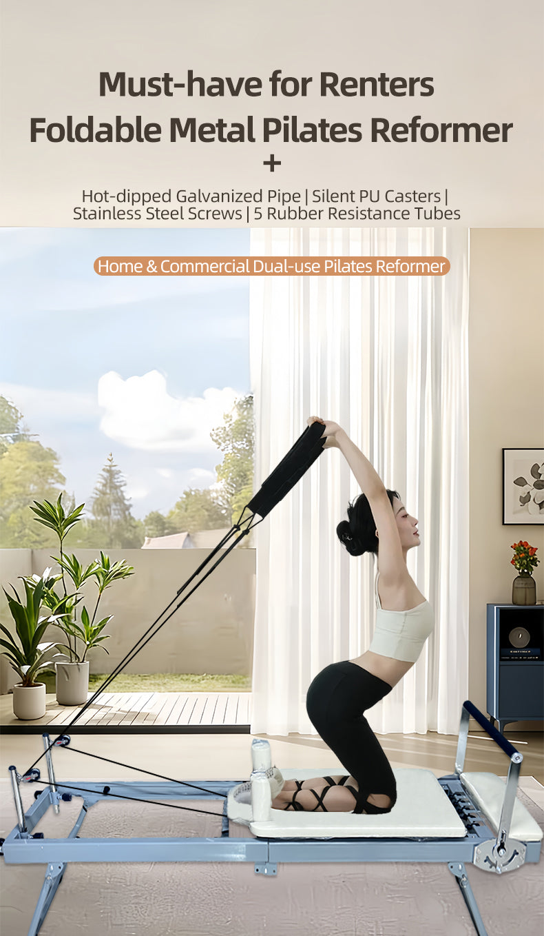 Foldable metal Pilates reformer designed for small apartments and home use, featuring silent sliding rails and a portable core training platform.