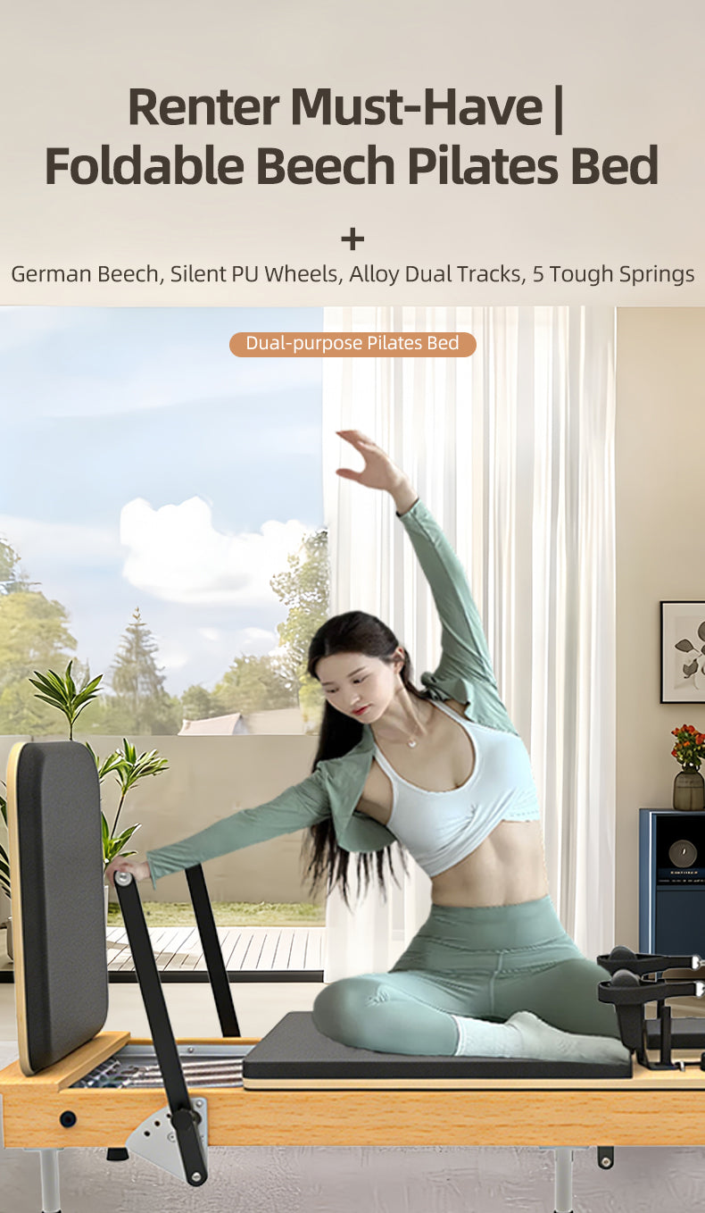 Beechwood solid wood folding Pilates reformer bed, offering stable load-bearing capacity and quiet, smooth operation, designed for dedicated fitness and yoga use.