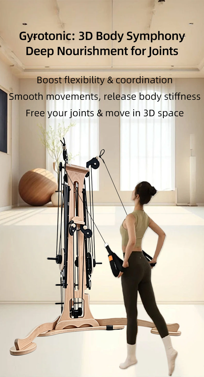 Professional maple wood Gyrotonic/Gyrokinesis 2-in-1 equipment, Pilates reformer combined with a Gyrotonic pulley tower, complete equipment set.