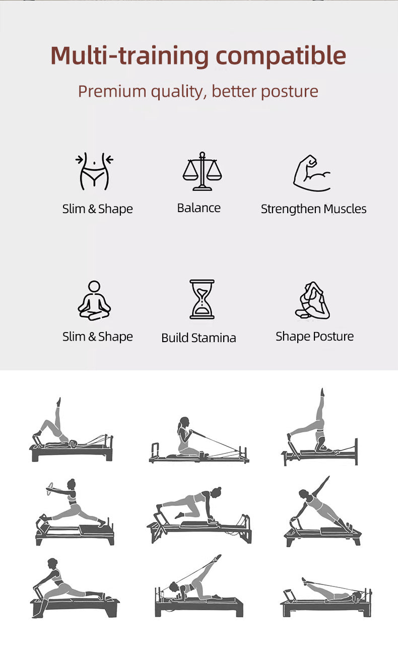 Beechwood solid wood folding Pilates reformer bed, offering stable load-bearing capacity and quiet, smooth operation, designed for dedicated fitness and yoga use.