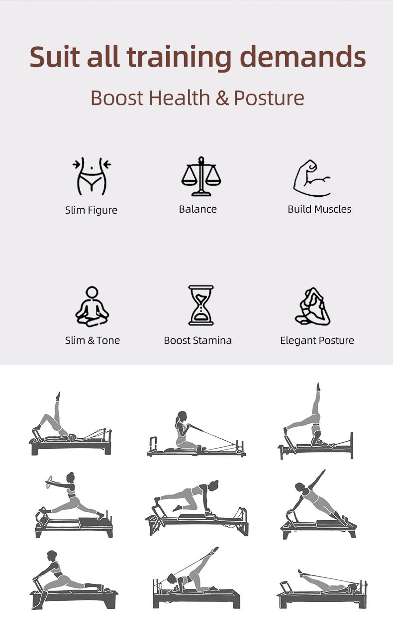 Foldable metal Pilates reformer designed for small apartments and home use, featuring silent sliding rails and a portable core training platform.