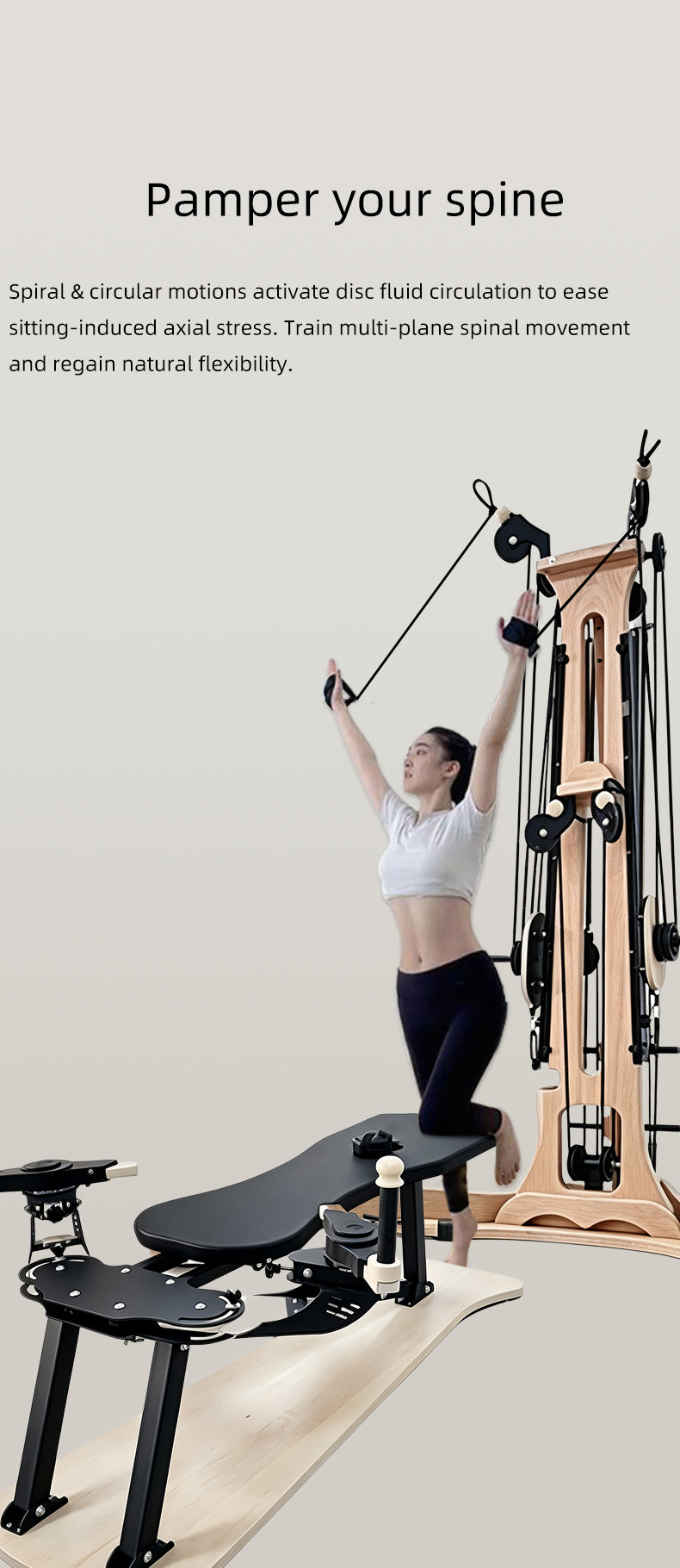 Professional maple wood Gyrotonic/Gyrokinesis 2-in-1 equipment, Pilates reformer combined with a Gyrotonic pulley tower, complete equipment set.