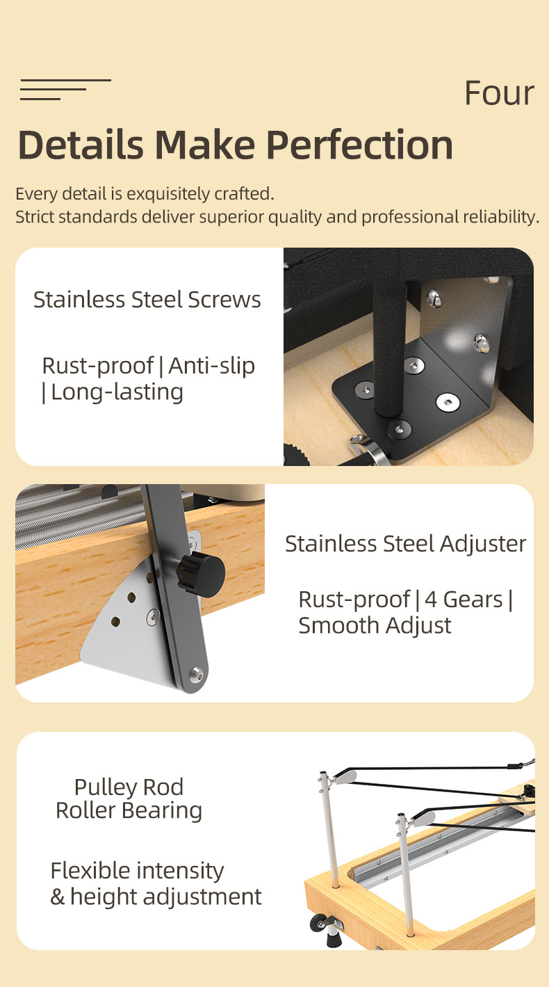 Beechwood solid wood folding Pilates reformer bed, offering stable load-bearing capacity and quiet, smooth operation, designed for dedicated fitness and yoga use.