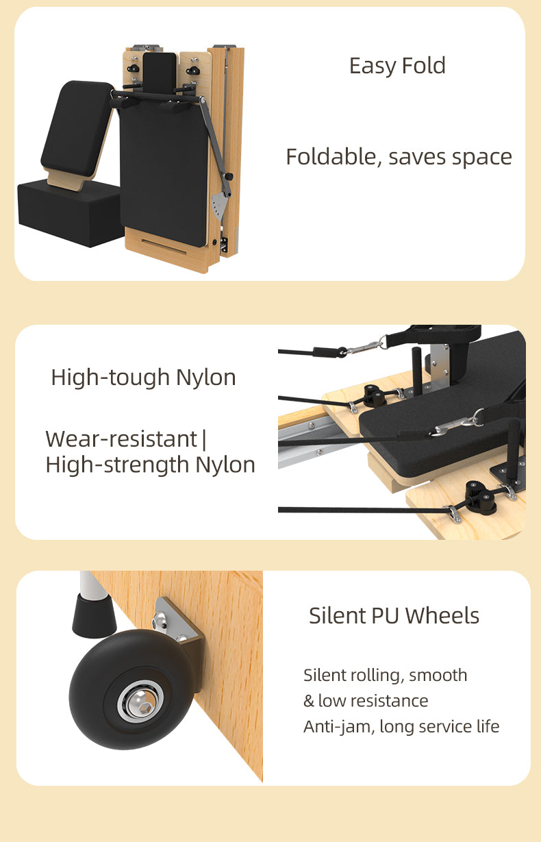 Beechwood solid wood folding Pilates reformer bed, offering stable load-bearing capacity and quiet, smooth operation, designed for dedicated fitness and yoga use.