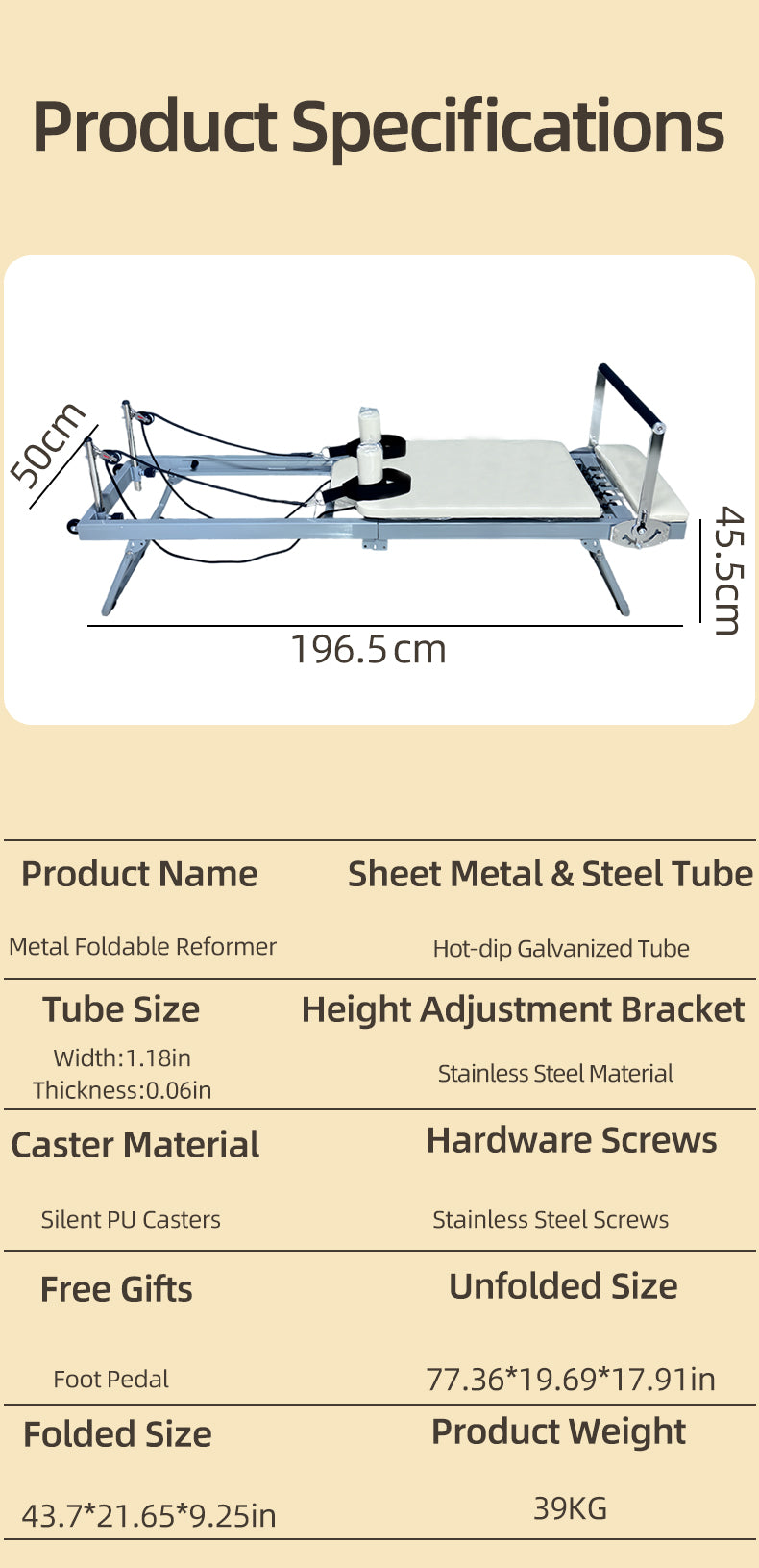 Foldable metal Pilates reformer designed for small apartments and home use, featuring silent sliding rails and a portable core training platform.