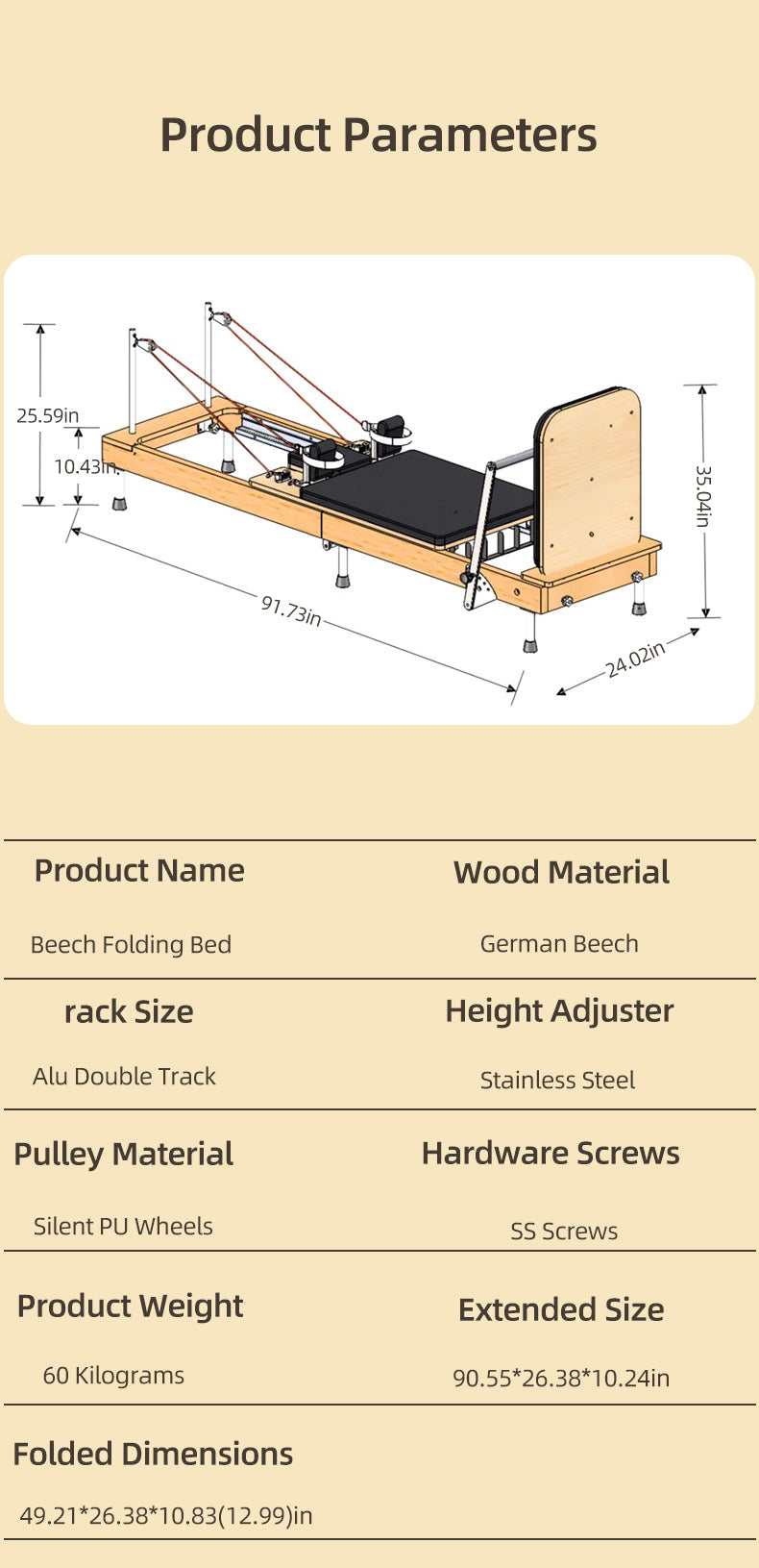 Beechwood solid wood folding Pilates reformer bed, offering stable load-bearing capacity and quiet, smooth operation, designed for dedicated fitness and yoga use.