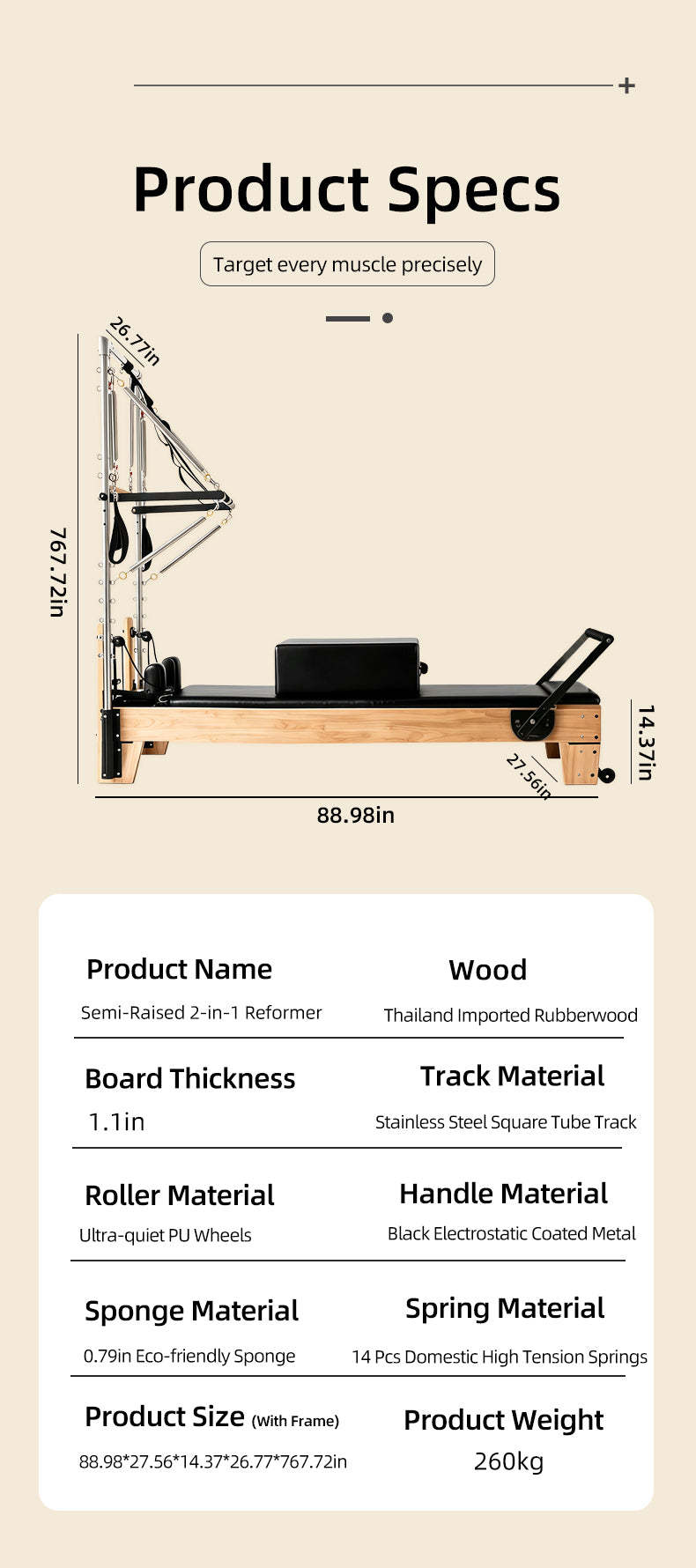 Elevated 2-in-1 Pilates Reformer with Silent Glide Rails for Full-Body Stretching and Core Strength Training