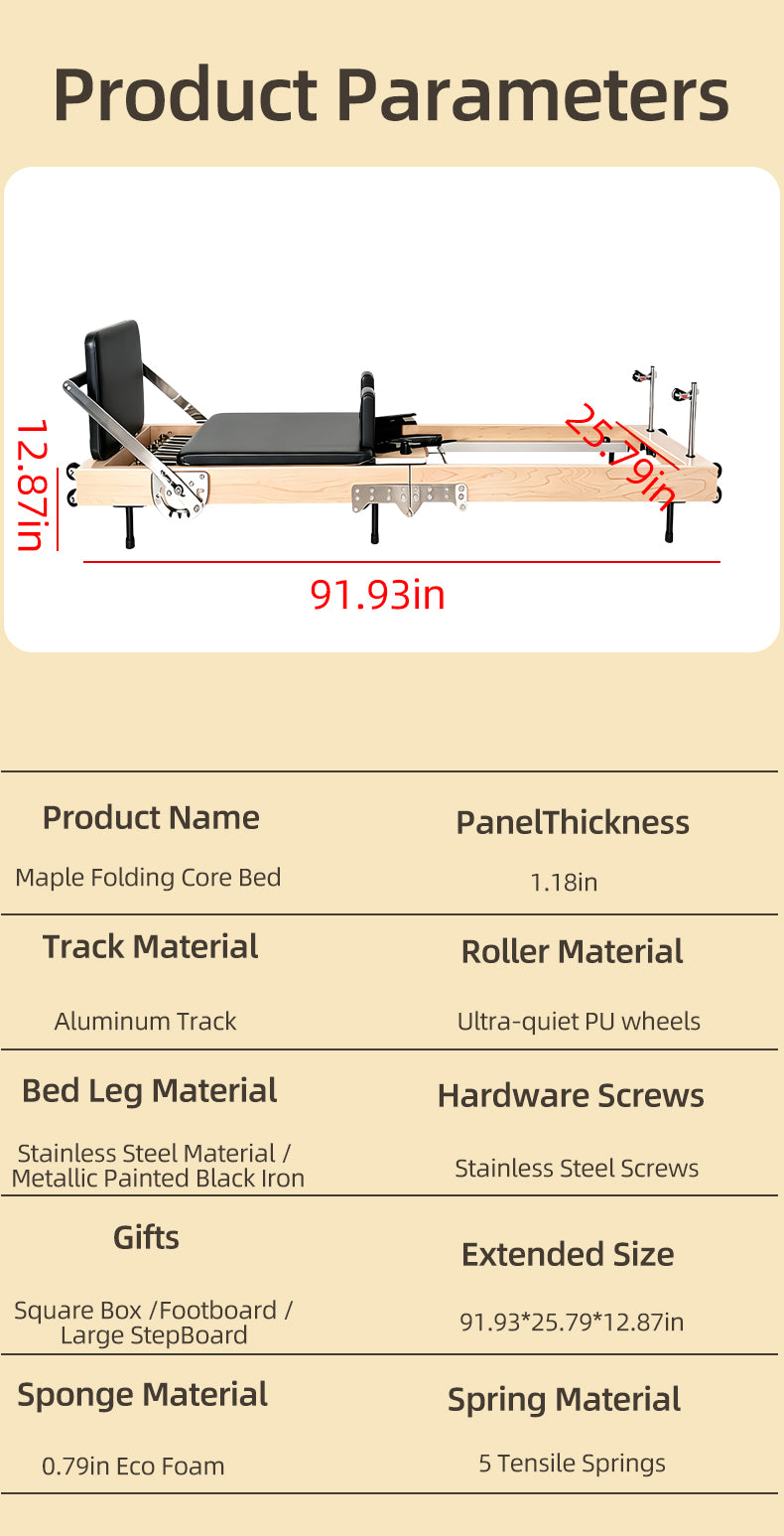 Foldable Maple Wood Pilates Reformer (Core Bed), Home-Use Iron-Leg Model, Large Yoga Training Equipment with Folding Design