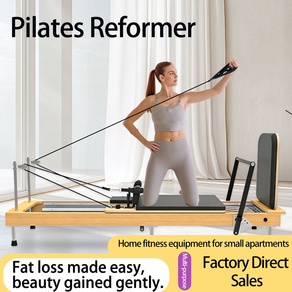 Beechwood solid wood folding Pilates reformer bed, offering stable load-bearing capacity and quiet, smooth operation, designed for dedicated fitness and yoga use.