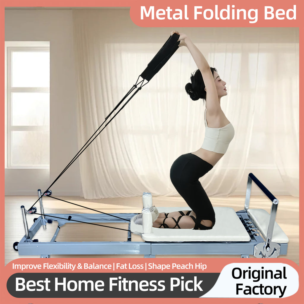 Foldable metal Pilates reformer designed for small apartments and home use, featuring silent sliding rails and a portable core training platform.