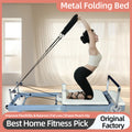Foldable metal Pilates reformer designed for small apartments and home use, featuring silent sliding rails and a portable core training platform.