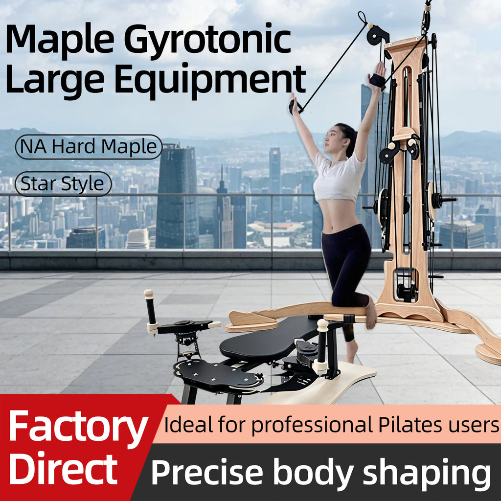Professional maple wood Gyrotonic/Gyrokinesis 2-in-1 equipment, Pilates reformer combined with a Gyrotonic pulley tower, complete equipment set.