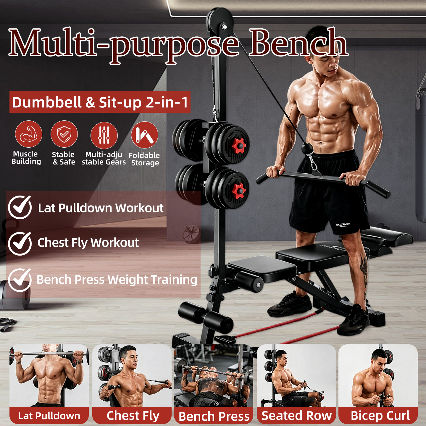 Multifunctional Home Fitness BenchAdjustable Weight Bench with Sit-up Assist, Suitable for Chest Flys and Barbell Bench Presses