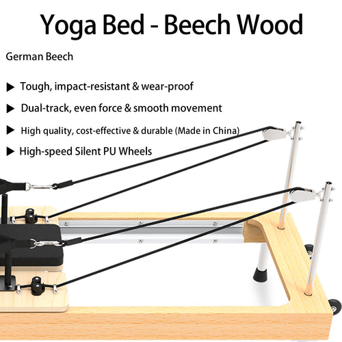 Beechwood solid wood folding Pilates reformer bed, offering stable load-bearing capacity and quiet, smooth operation, designed for dedicated fitness and yoga use.
