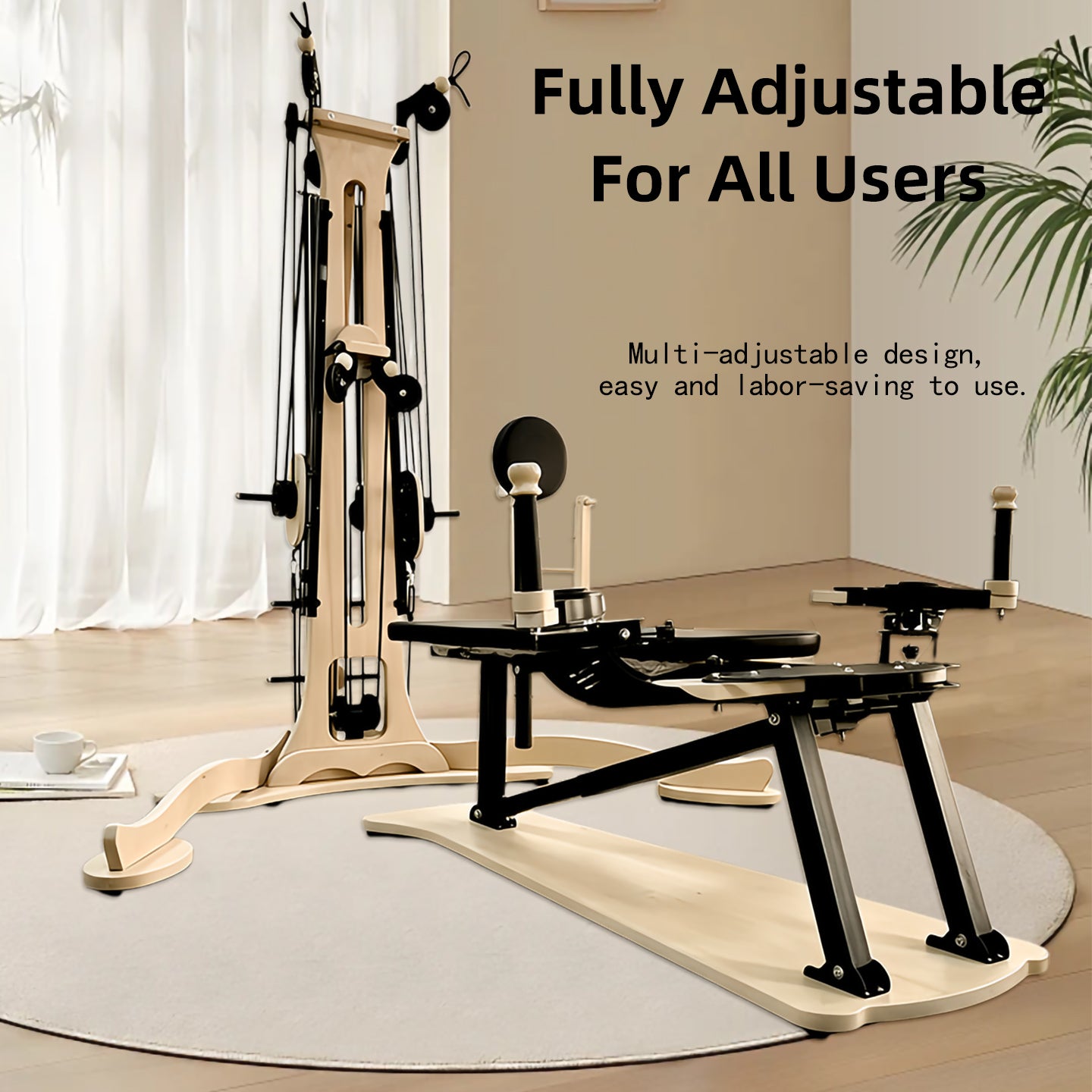 Professional maple wood Gyrotonic/Gyrokinesis 2-in-1 equipment, Pilates reformer combined with a Gyrotonic pulley tower, complete equipment set.