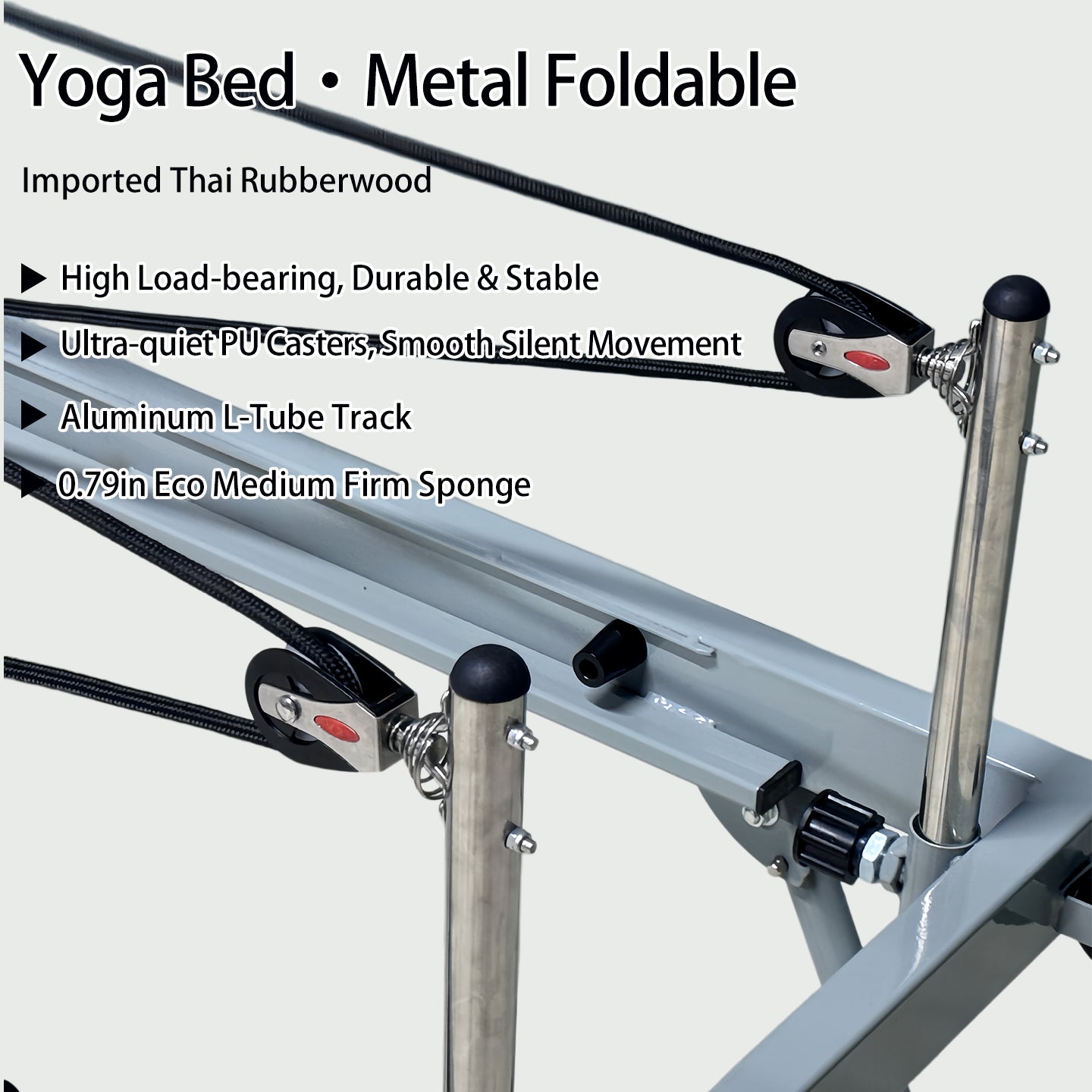 Foldable metal Pilates reformer designed for small apartments and home use, featuring silent sliding rails and a portable core training platform.