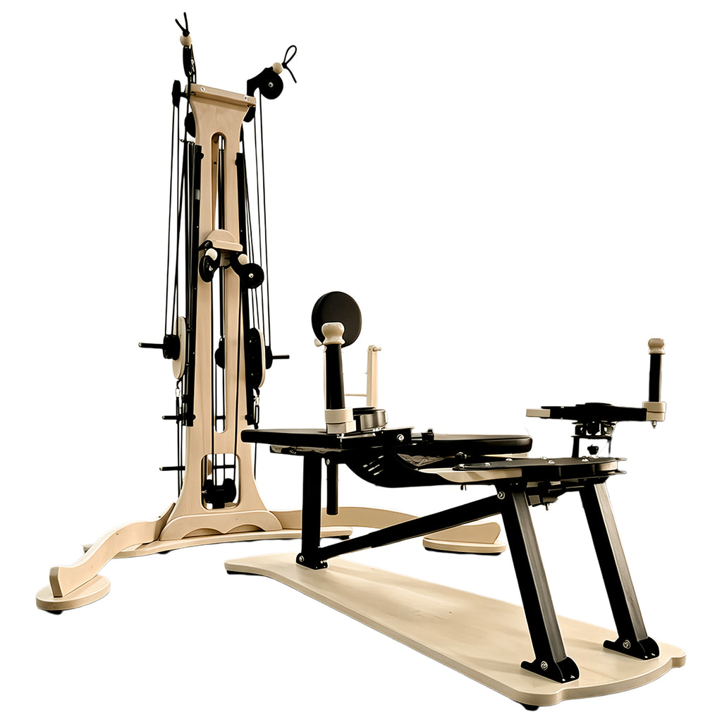 Professional maple wood Gyrotonic/Gyrokinesis 2-in-1 equipment, Pilates reformer combined with a Gyrotonic pulley tower, complete equipment set.
