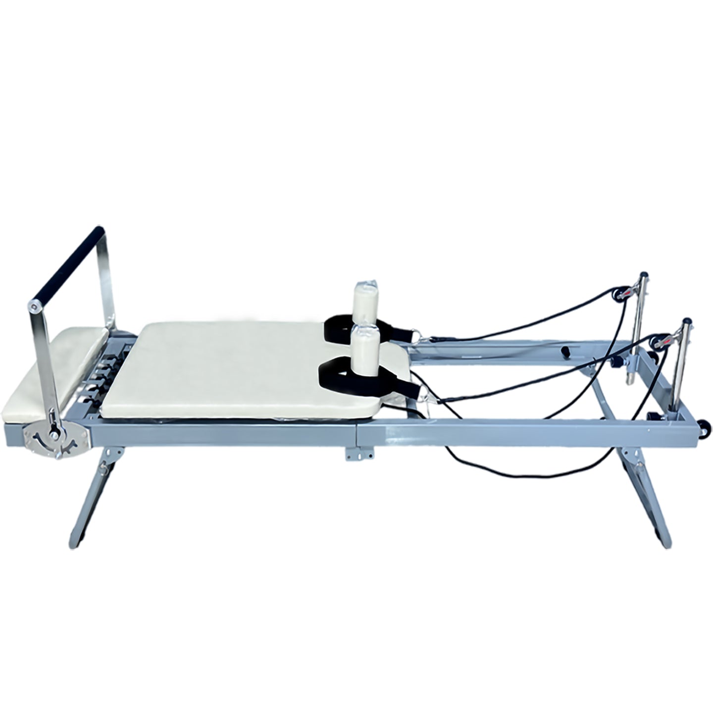 Foldable metal Pilates reformer designed for small apartments and home use, featuring silent sliding rails and a portable core training platform.