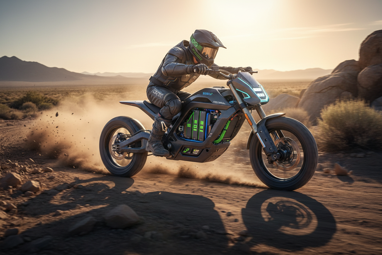 一辆电动越野摩托自行车驰骋在越野场地