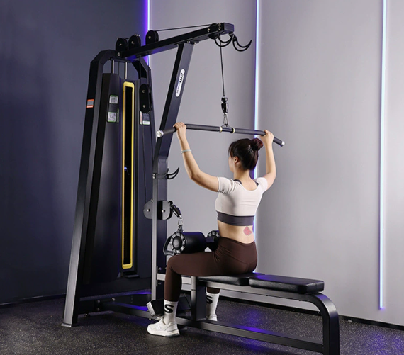 Commercial Precor-style equipment: Seated Chest Press, Seated Leg Extension, and Prone Leg Curl machines.
